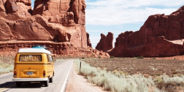 Yellow van on road
